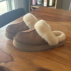 UGG Tan and Cream Shearling Slip-Ons
